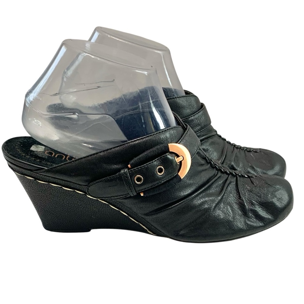 ANTIA Black Leather Ruched Wedge Mules Sz 10N